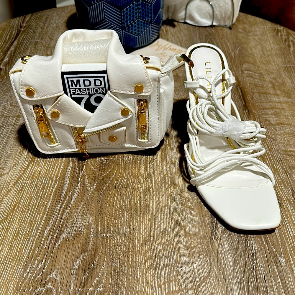 White lace up sandal and purse set